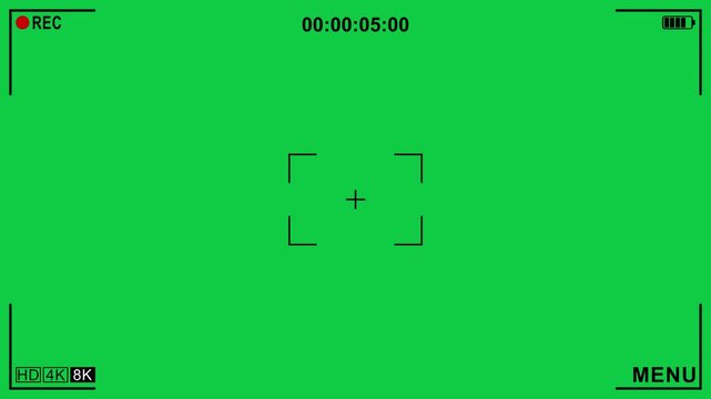 Camera viewfinder recording display and green screen background footage. Screen of video recorder digital display with photo camera frame overlay. Live cam cctv mobile phone cam Chroma key interface.