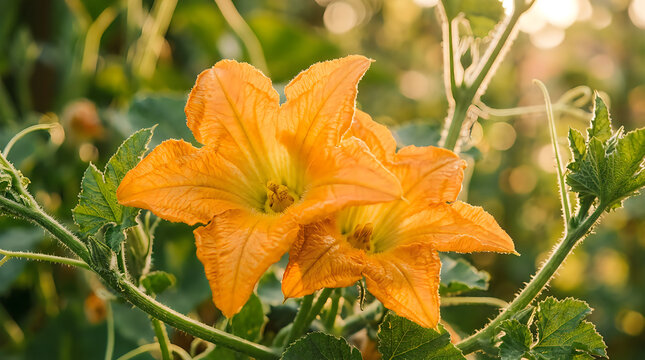 Close up of bright orange pumpkin flowers blooming in a vegetable garden during the summer season