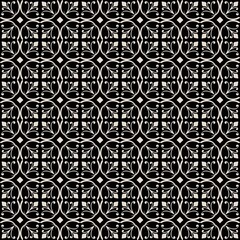 Black and white vintage tile geometric seamless pattern with damask floral scrolls, fleur de lis motifs, and ornamental square grid for Gothic luxury wallpaper and upholstery fabric © Liubov