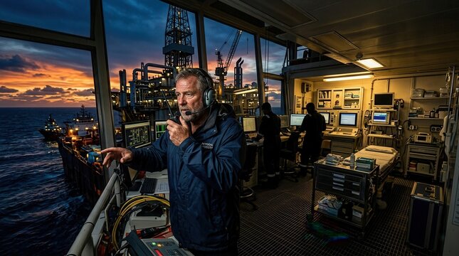 Offshore platform control room operator communicates during sunset, overseeing operations with a drilling rig and supply vessel nearby.
