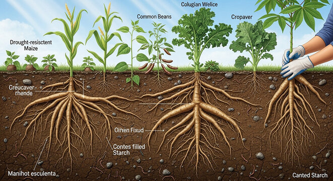 Diverse crop roots in soil with farmer planting seeds