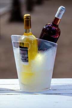Primo piano di bottiglie di vino con cestello pieno di ghiaccio