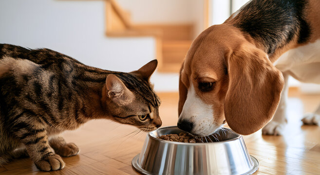 A brown tabby cat was observed watching a Beagle dog eating from a bowl. Inside a brightly lit home, there were pets interacting on a wooden staircase and wooden floor