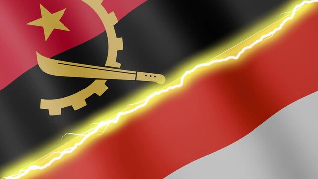 Two waving flags Angola and Indonesia with diagonal lightning seamless, 4k loop