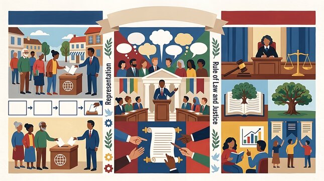 Democratic processes showing voting law and justice representation