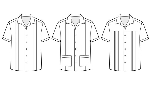 Set of men's short sleeve guayabera pleated shirt flat sketch illustration, vertical tuck aloha shirt for casual wear fashion illustration template mock up