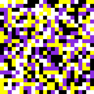 Pixelated pattern with black yellow purple and white square blocks