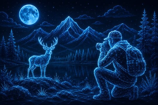 Digital wireframe landscape depicting a photographer kneeling to take pictures of a deer in moonlight. world photography day with photographer wildlife landscape. world photography day