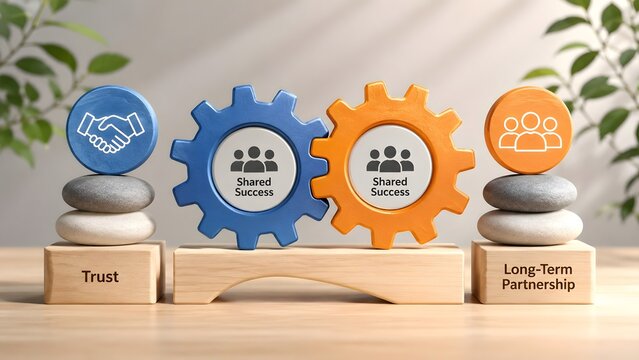 Interlocking gears on zen stones and wooden blocks displaying trust and long term partnership text representing business synergy and shared success