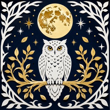 White owl and golden full moon paper cut style illustration, symmetrical talisman design with botanical frame on indigo, kirie folk art