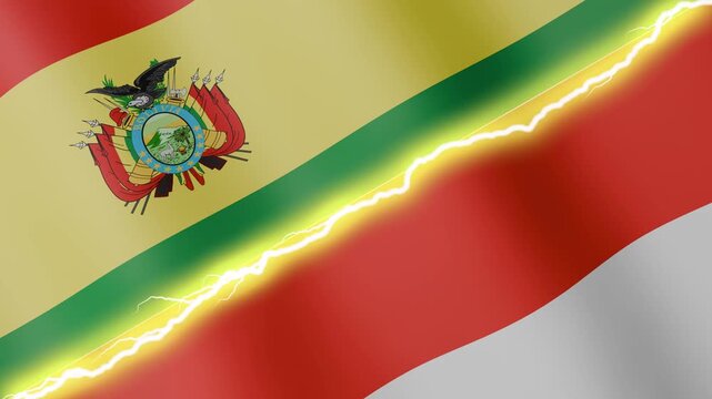 Two waving flags Bolivia and Indonesia with diagonal lightning seamless, 4k loop