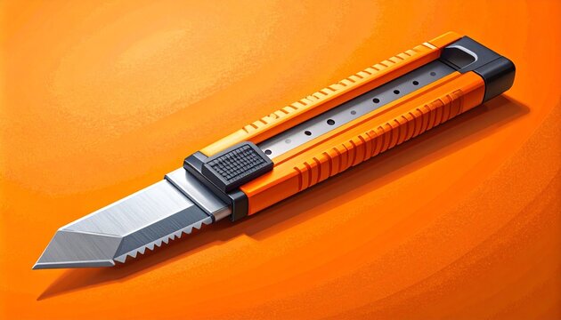 Orange utility knife with retractable blade on bright background.