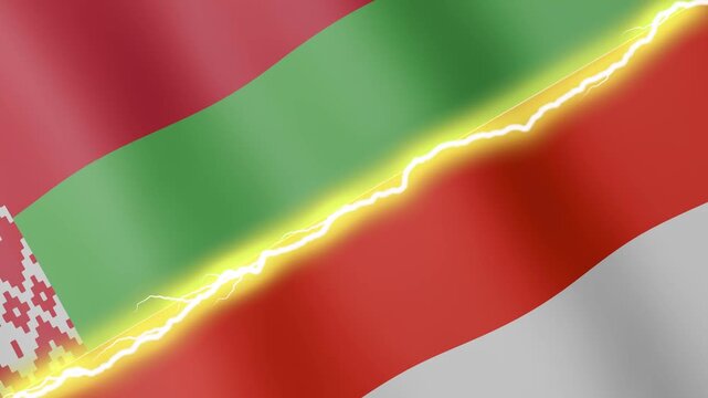 Two waving flags Belarus and Indonesia with diagonal lightning seamless, 4k loop