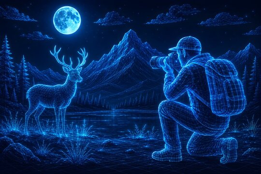 Digital wireframe landscape depicting a photographer kneeling to take pictures of a deer in moonlight. world photography day with photographer wildlife landscape. world photography day
