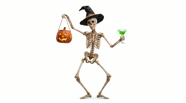 Halloween Skeleton Wearing a Witch Hat Holding a Jack-o'-Lantern and Green Magic Potion