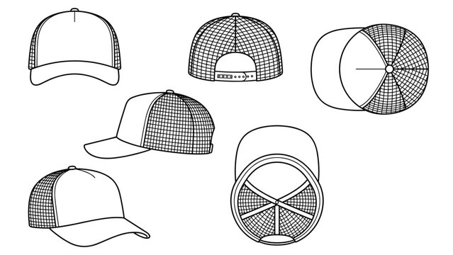 Trucker Hat Mesh Cap Multi Angle Technical Drawing Illustration Blank Streetwear Mock-up Template for Design and Tech Packs CAD