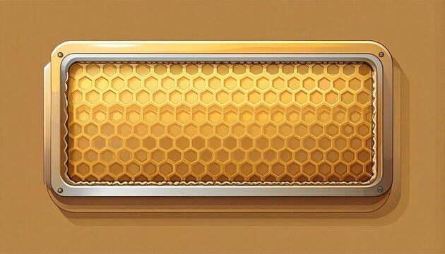 Golden Honeycomb Texture with Metallic Frame on Brown Background.