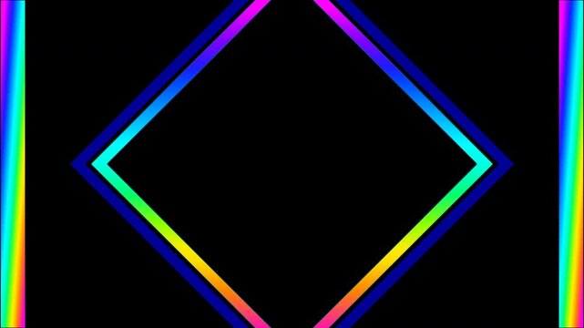 Neon rainbow diamond frame on black. Glowing geometric border with vibrant light lines.