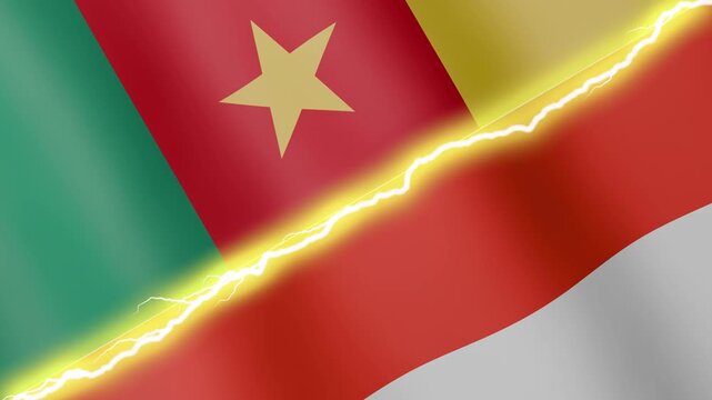 Two waving flags Cameroon and Indonesia with diagonal lightning seamless, 4k loop
