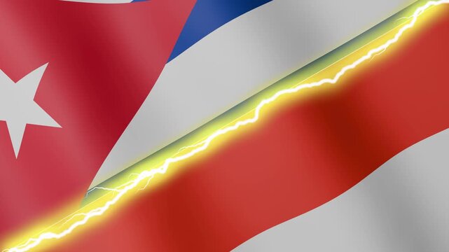 Two waving flags Cuba and Indonesia with diagonal lightning seamless, 4k loop