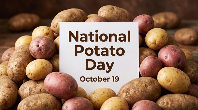 National Potato Day October 19 sign, rustic raw potatoes pile, organic red and yellow tubers, farm fresh vegetable harvest background