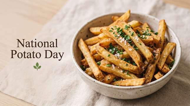 National Potato Day celebration card, crispy golden french fries with herbs in ceramic bowl, rustic potato snack food photography