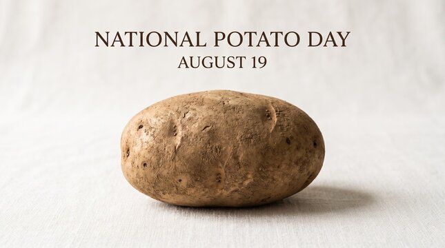 National Potato Day August 19 celebratory banner, single raw brown potato on white linen background, rustic food holiday concept