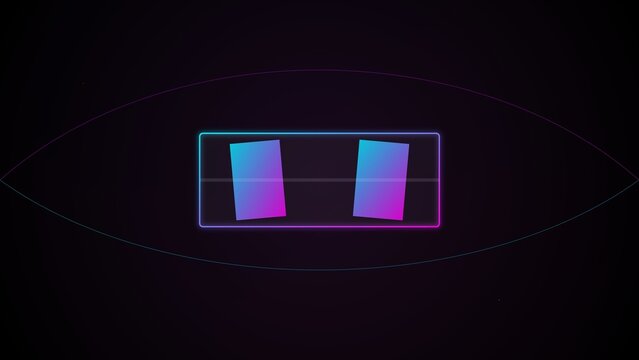 Futuristic glowing neon eye shape with geometric glowing rectangles floating in a dark space