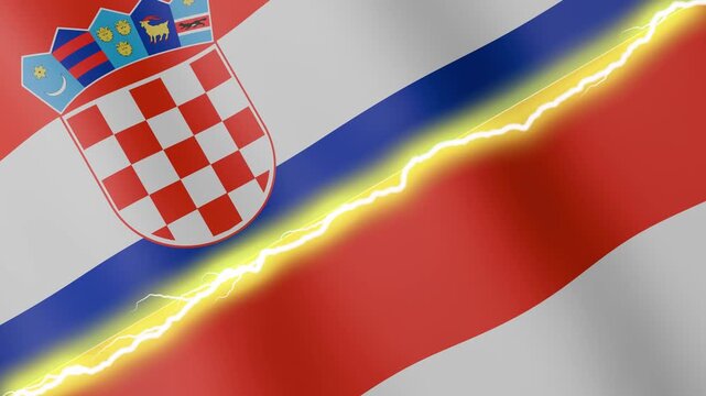 Two waving flags Croatia and Indonesia with diagonal lightning seamless, 4k loop