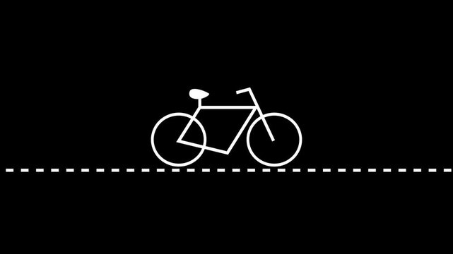white line-art graphic of a bicycle positioned above a dashed horizontal white line against a solid black background