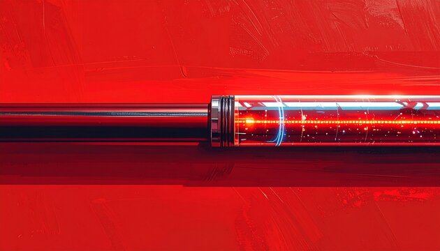 Futuristic Red Lightsaber Blade Glowing in Dark Studio.