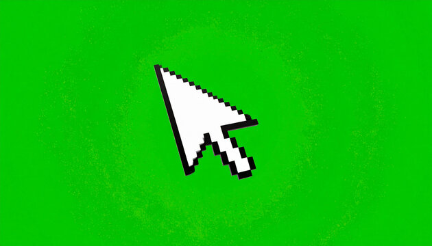 Pixelated white mouse cursor pointing on a green background, computer pointer, digital design element
