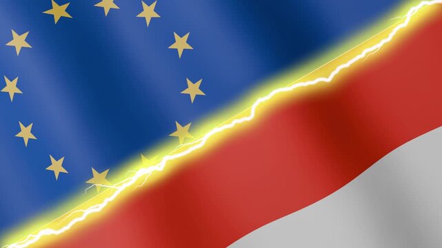Two waving flags European Union and Indonesia with diagonal lightning seamless, 4k loop