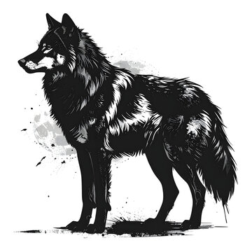 Detailed monochrome ink sketch of a wild wolf standing in profile. Graphic style illustration with soft shading and expressive splashes