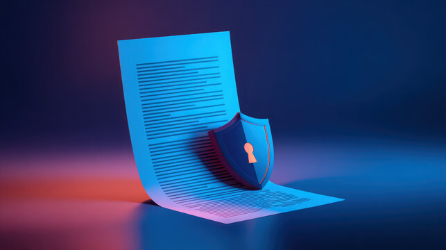 Document featuring a security shield icon rests against a dark blue background with neon lighting.
