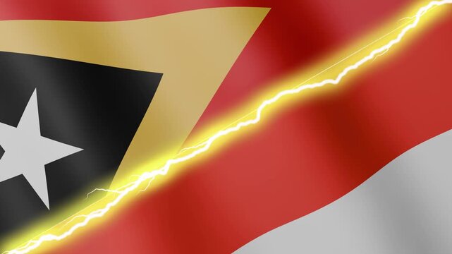 Two waving flags Timor Leste and Indonesia with diagonal lightning seamless, 4k loop