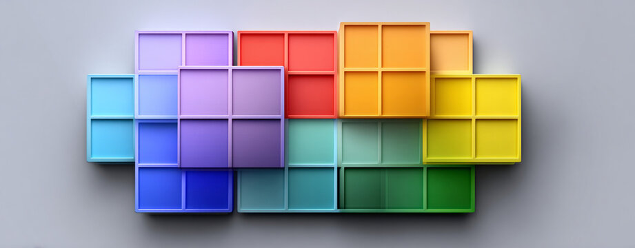 Hologram Interface Background augmented grid abstract composition of colorful 3D square blocks arranged in grid pattern on neutral grey background