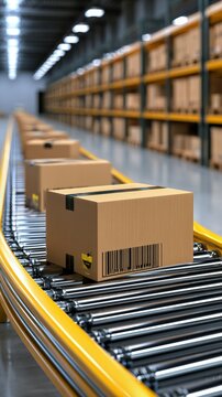 Shipping boxes moving on conveyor belt in modern warehouse