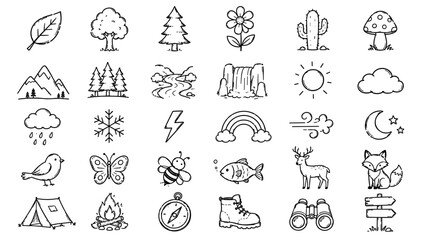 Obraz premium Nature and Outdoor Hand Drawn Doodle Icons – 30 Premium Sketch Vector Symbols