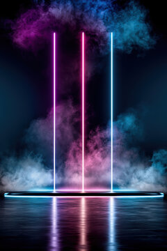 Futuristic neon stage with three vertical glowing light beams, vibrant smoke, and reflective floor, perfect for nightclub or concert scene