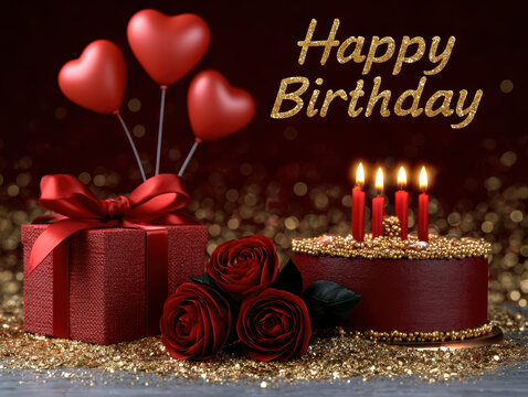 Red gift box heart balloon birthday cake with candle rose gold glitter festive celebration romantic happy birthday