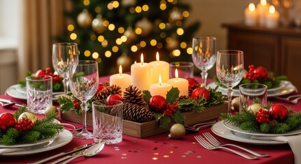 Fototapeta premium A festive Christmas table setting glows with warm candlelight. A wooden tray holds several white candles surrounded by pinecones, red berries, and green evergreen branches.