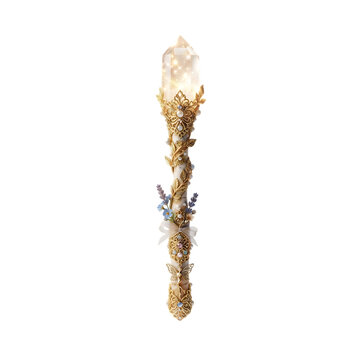 Decorative gold magic wand with crystal and floral details