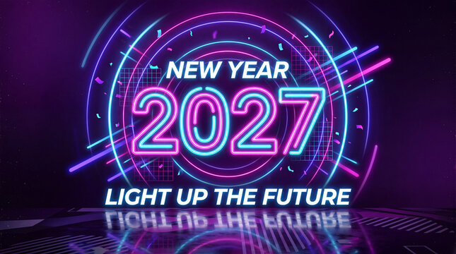 Futuristic neon glowing New Year 2027 poster design with "Light Up The Future" text in purple and blue tones