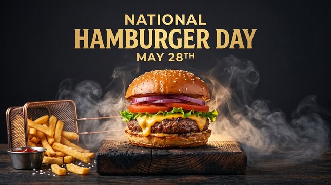 National Hamburger Day May 28th celebration poster, gourmet beef burger with melting cheese and fries, steaming hot fast food