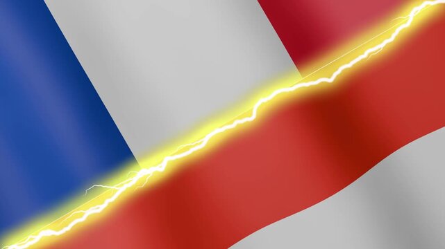 Two waving flags France and Indonesia with diagonal lightning seamless, 4k loop