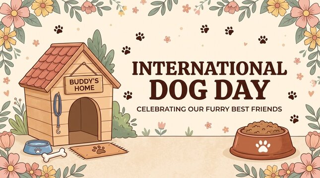 International Dog Day greeting banner, cute canine celebration with doghouse and floral frame, pet holiday social media graphic