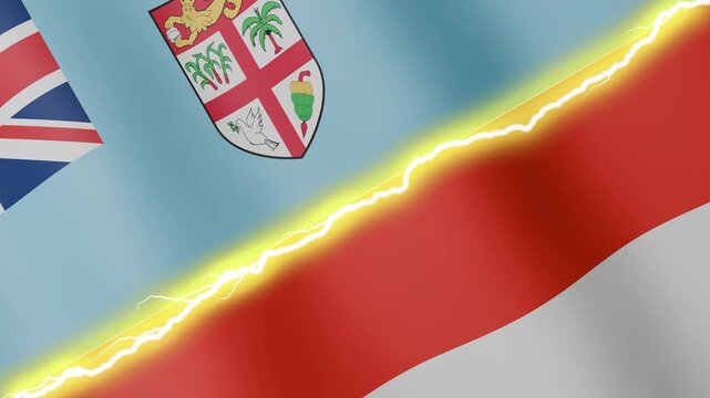 Two waving flags Fiji and Indonesia with diagonal lightning seamless, 4k loop