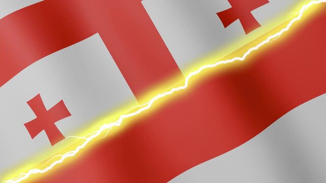 Two waving flags Georgia and Indonesia with diagonal lightning seamless, 4k loop