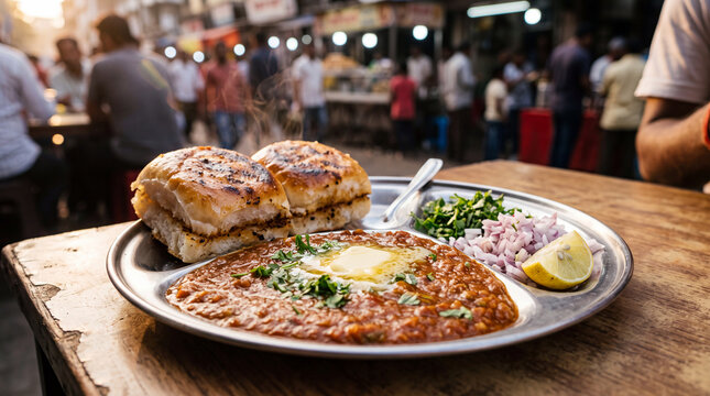 Grilled meat steak plated with garnish in a bustling market or restaurant setting, hearty food photography scene